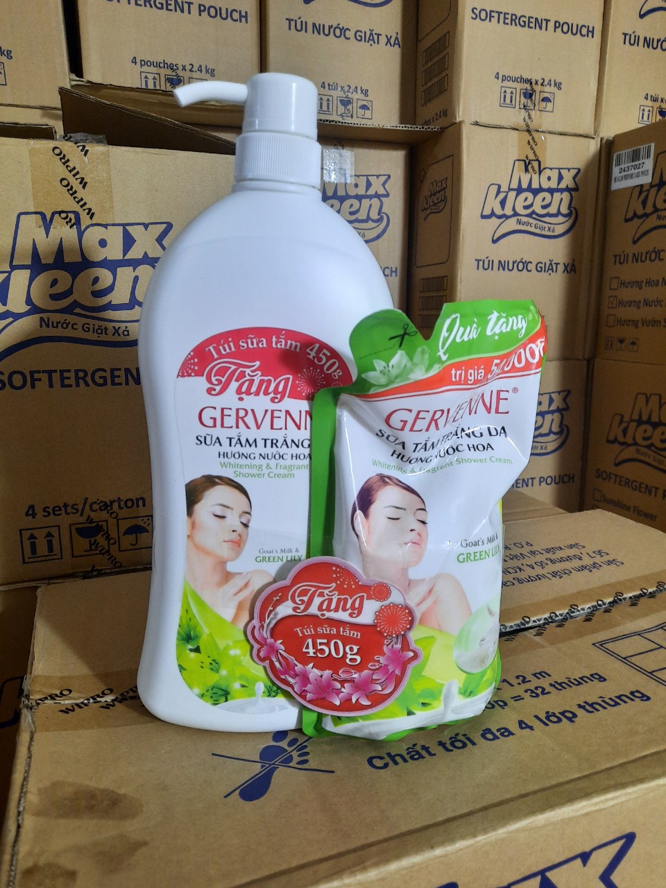 Gervenne Sữa tắm Trắng da Hương nước hoa Green Lily 1200g TẶNG TÚI 450G