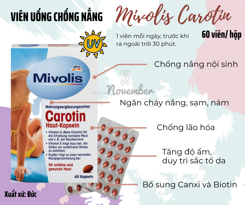 Viên uống chống nắng Carotin Mivolis 60 viên | bill DM Market | nhập chính hãng Đức | TPCN - Viên chống nắng giá tốt