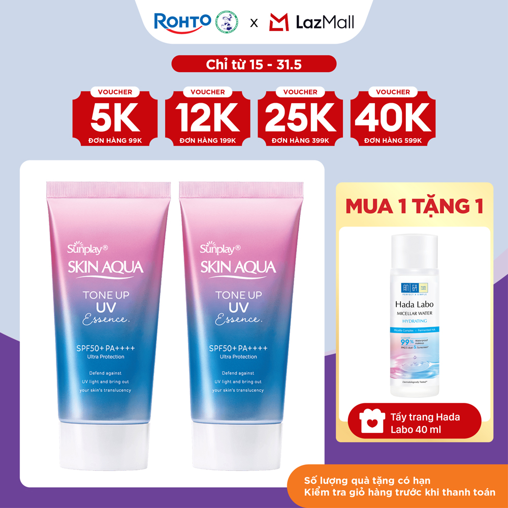 [VB] Bộ đôi kem chống nắng nâng tông Skin Aqua Tone up Lavender cho da tối màu  da vàng, dạng tinh chất Sunplay Skin Aqua Tone Up UV Essence Lavender SPF 50+ PA++++ 50g
