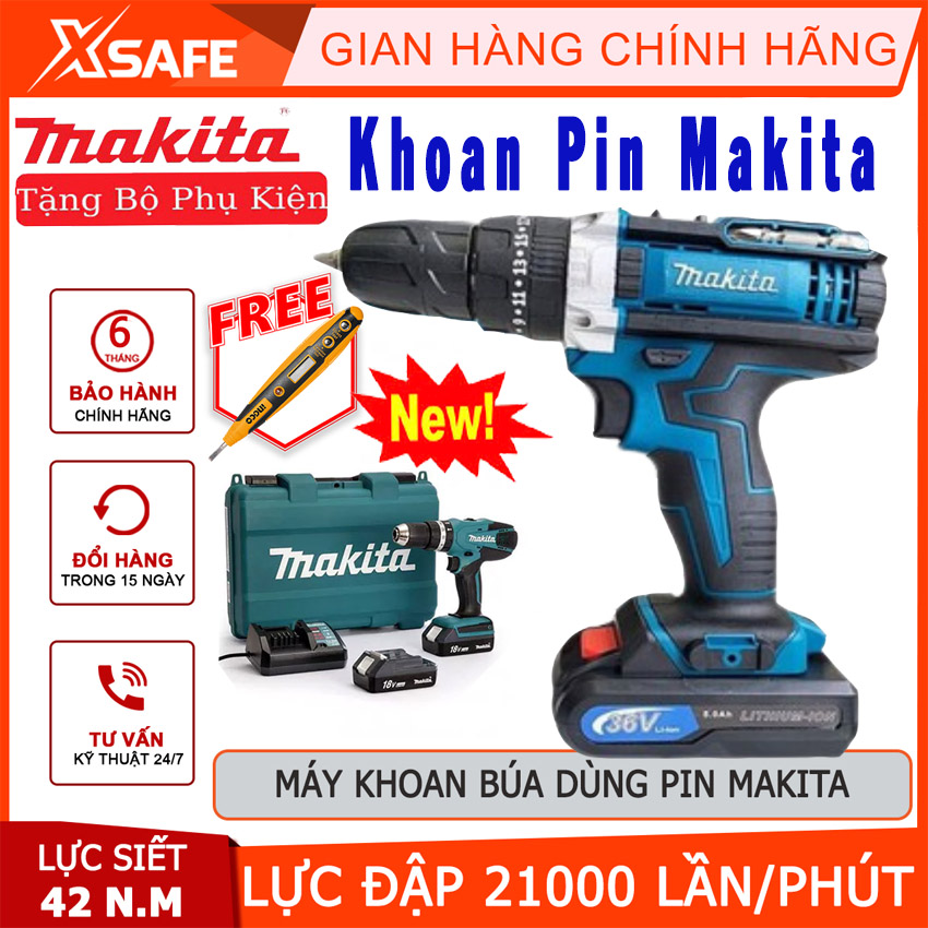 Máy khoan pin 36v makita 3 chức năng có búa - tặng kèm 24 chi tiết gồm các mũi khoan + mũi bắt vít + 2 pin