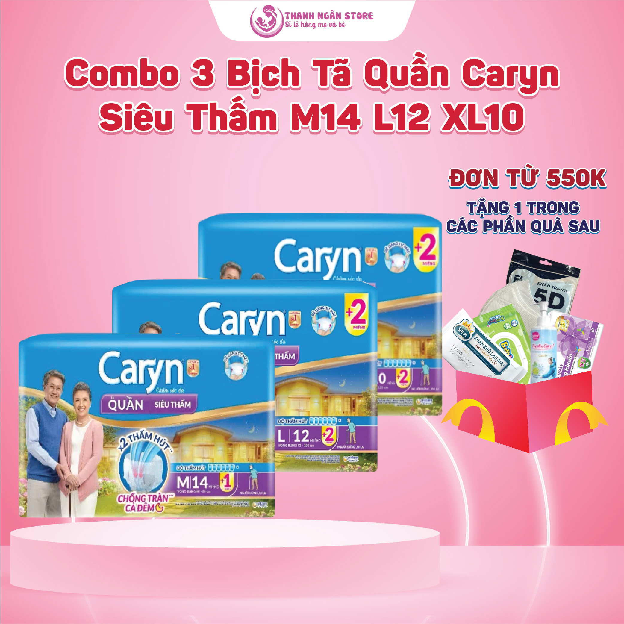 [MẪU MỚI] Combo 3 Bịch Tã Quần Caryn Siêu Thấm  M14+1 L12+1 XL10+1 - Tã Quần Người Già - Thanh Ngân