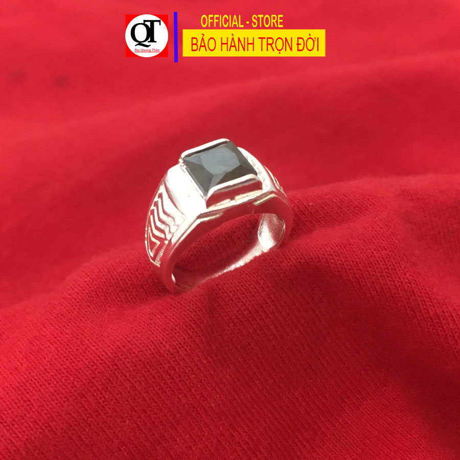 Nhẫn trẻ con cho bé trai mặt đá vuông màu đen chất liệu bạc ta Bạc Quang Thản – QTTC10