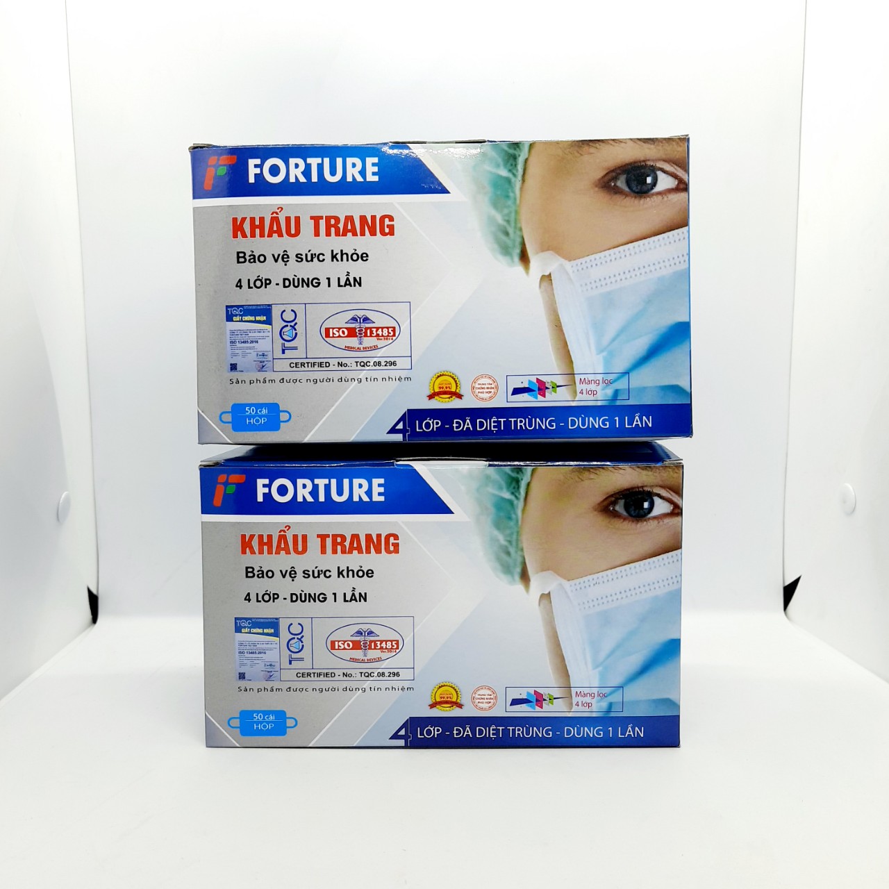 [BỘ 2 HỘP 100 CÁI- GIỐNG HÌNH] Khẩu trang y tế 4 lớp hộp 50 cái màu trắng FORTURE, Khẩu trang vải không dệt ngăn Virut khói bụi, Dùng 1 lần