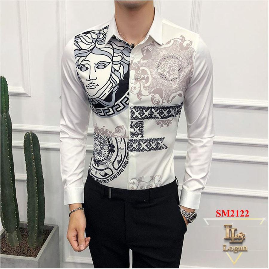[HCM]Áo sơ mi họa tiết versace SM2122 trắng đen form body chuẩn đẹp không nhăn sang trọng chuẩn menảnh thật 100%