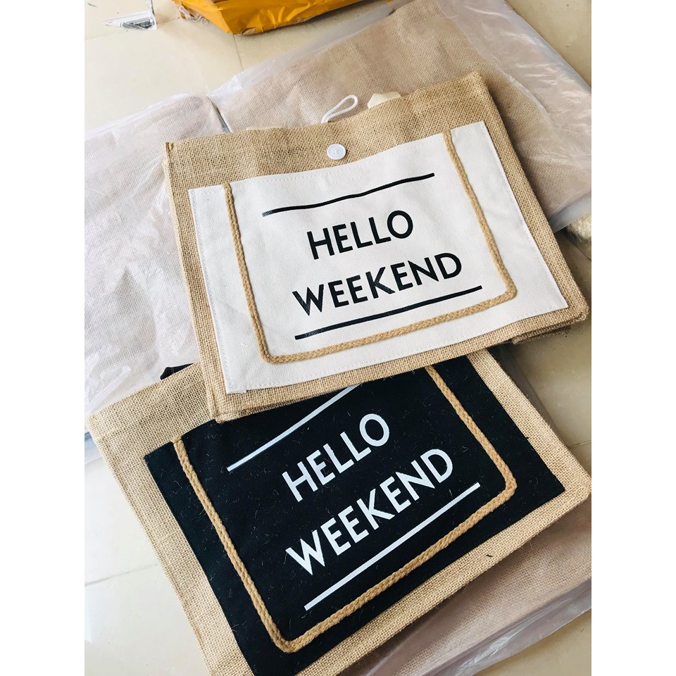 Túi cói hello weekend size vừa màu trắng