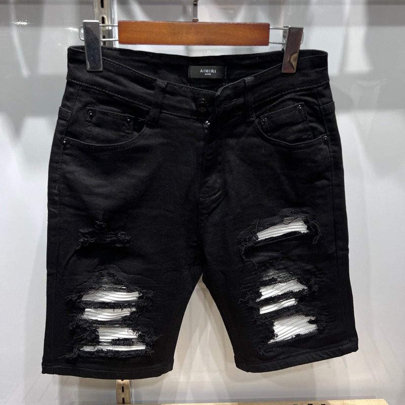 Quần short bò ngố nam Amiri rách xước vá da trắng nhăn gân phong cách đường phố