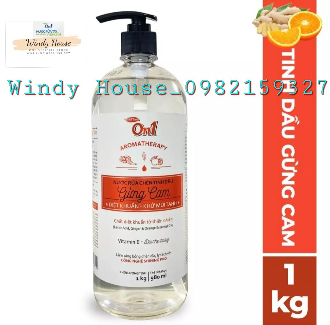 Nước rửa chén on1 tinh dầu gừng cam 1kg - diệt khuẩn, khử mùi tanh