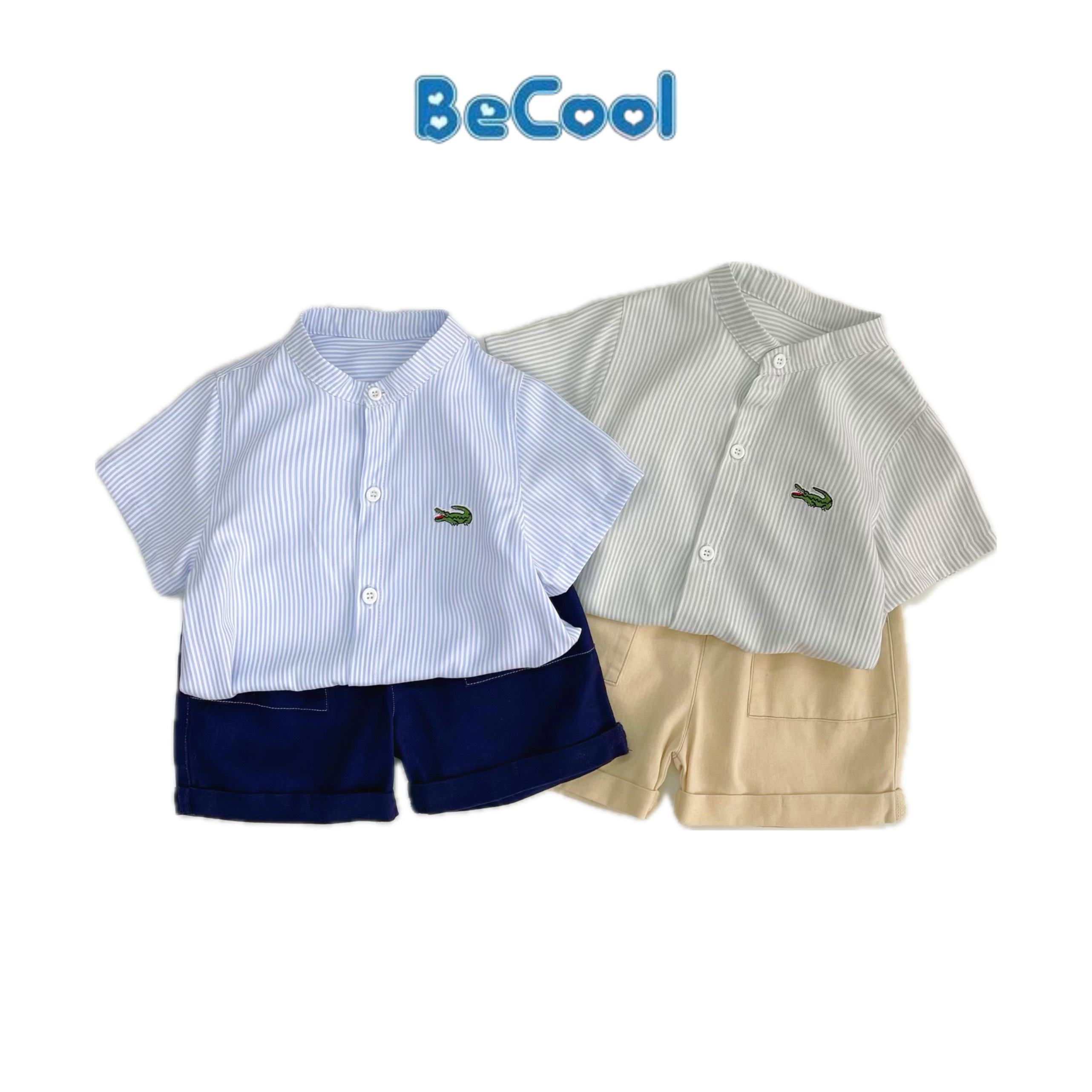 Bộ Công Tử Thêu Chú Cá Sấu BECOOL, Bộ Quần Áo Sơ Mi Thêu Cá Sấu Cho Bé Từ 10-27Kg