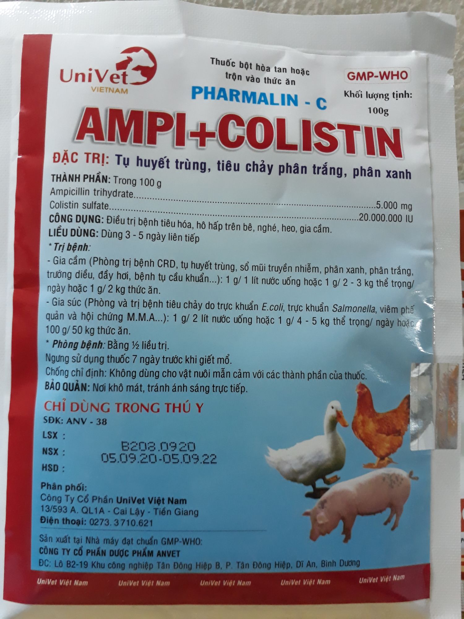 tụ huyết trùng gà, tiêu chảy phân trắng xanh gói 100gr