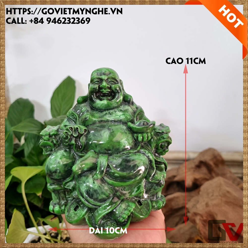 Tượng đá trang trí tượng Phật Di Lặc ngồi trên ghế vàng cầm vàng phong thủy tài lộc - Cao 11cm - Xanh lục bích