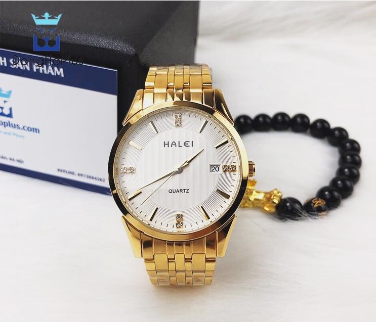 đồng hồ nam halei HL562M dây vàng mặt trắng có lịch ngày