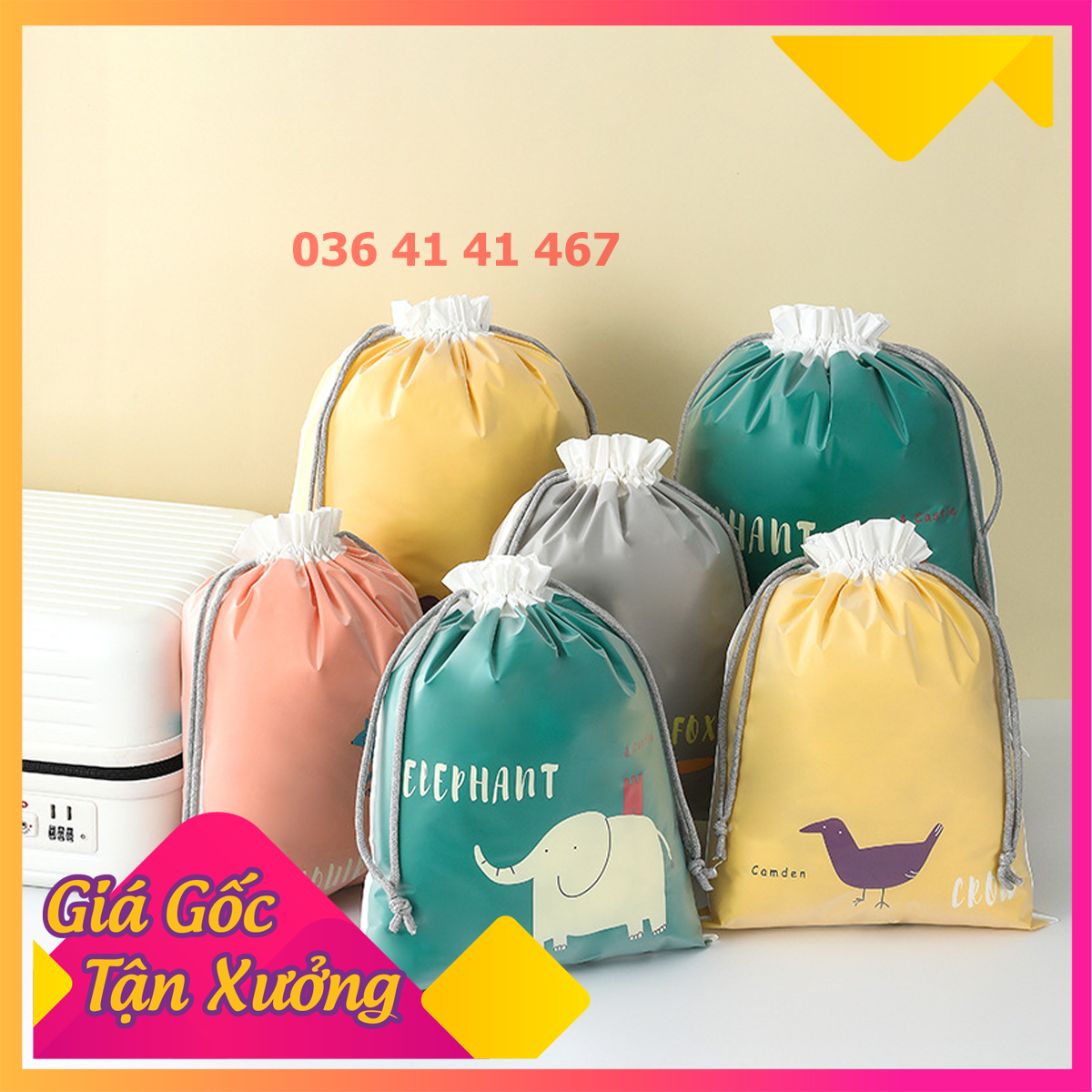 1 túi lụa dây rút - nhiều hình thú siêu dễ thương đựng đồ du lịch đa năng giày dép đồ trang điểm
