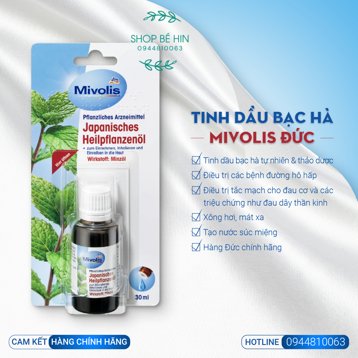 Tinh dầu bạc hà và tinh dầu tràm trà Mivolis Đức 30ml với nhiều công dụng tốt cho sức khoẻ