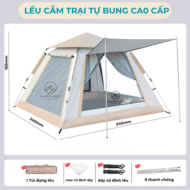 Lều Cắm Trại, lều dã ngoại tự bung 4-6 người chống nước chống tia tử ngoại KT 2m8x2m8 - Lều cắm trại du lịch