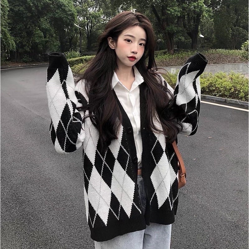 Áo Khoác Cardigan Nữ Kẻ Thoi Form Rộng Đen/ Hồng Chất Nỉ