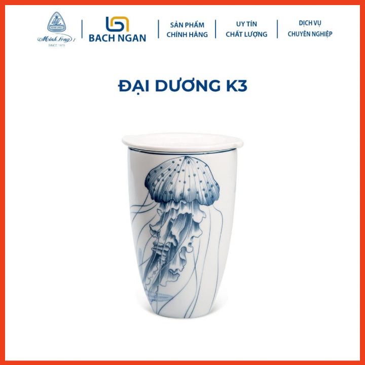 Ly sứ dưỡng sinh Minh Long 0.48 L - Đại Dương K3 có nắp dùng để uống trà, cafe kiểu dáng sang trọng,cao cấp, giữ nhiệt tốt