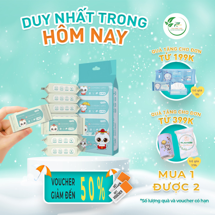 Khăn giấy ướt, khăn ướt bỏ túi 1 bịch 8 gói 1 gói 8 khăn nhỏ gọn dễ mang theo ra ngoài