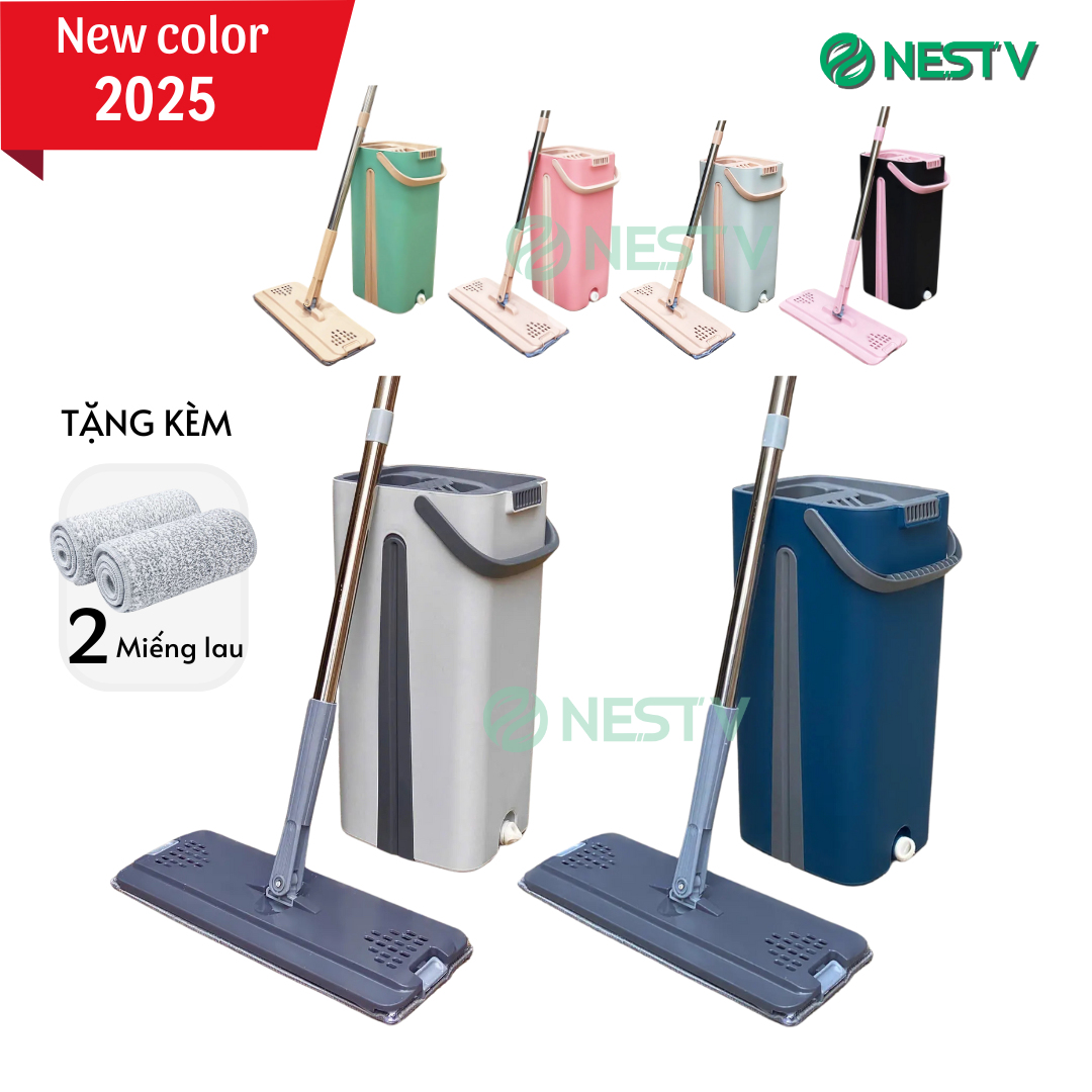 Bộ Cây Lau Nhà Tự Vắt Hình Chữ Nhật Xoay 360 Độ Kèm Thùng Tự Vắt Cao Cấp