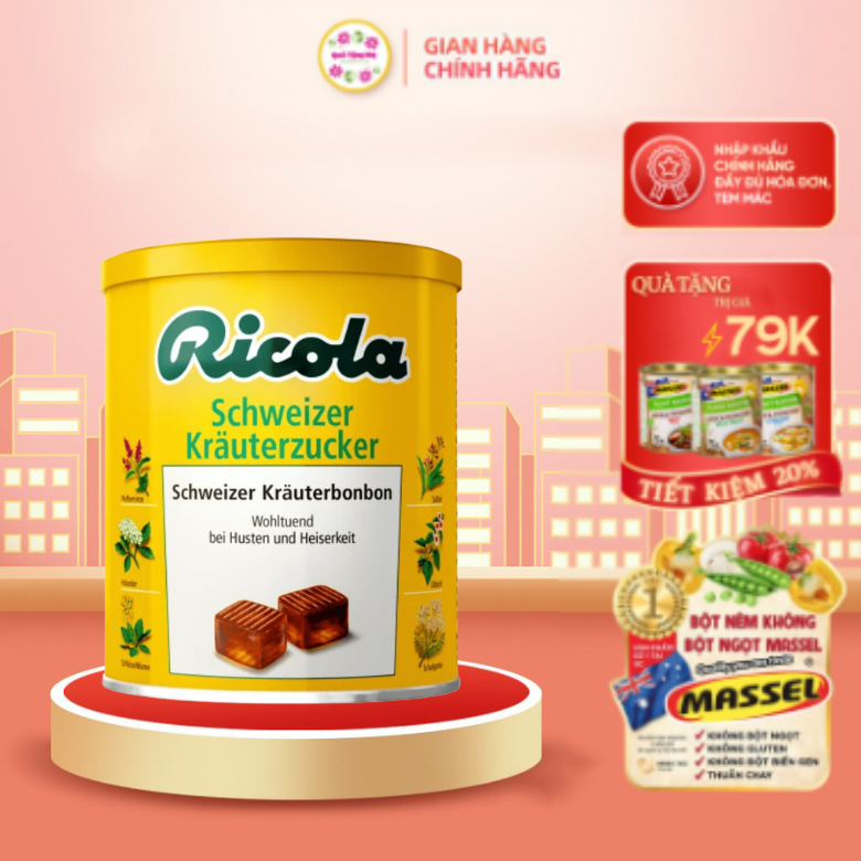 Kẹo ngậm thảo dược giảm ho khàn giọng, làm sạch cổ họng, không đường Ricola, 250g - nội địa đức