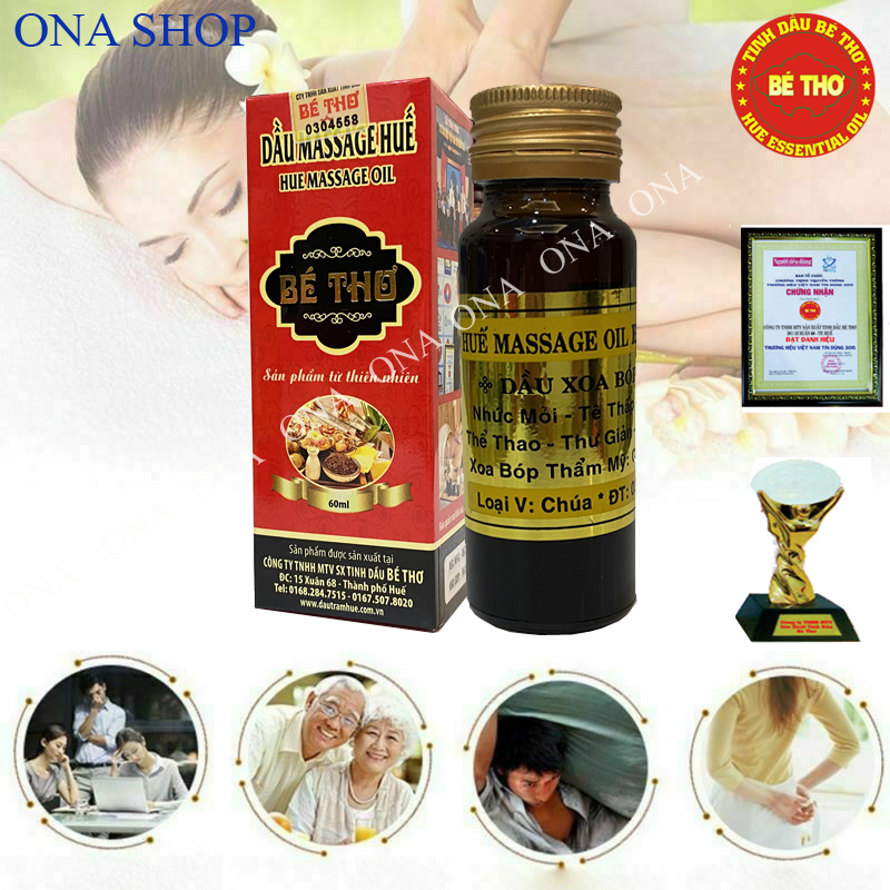 Dầu massage, Dầu massage Huế Bé Thơ 60 ml ( Dầu massage trị nhức mỏi, gồm 30 vị thảo dược)