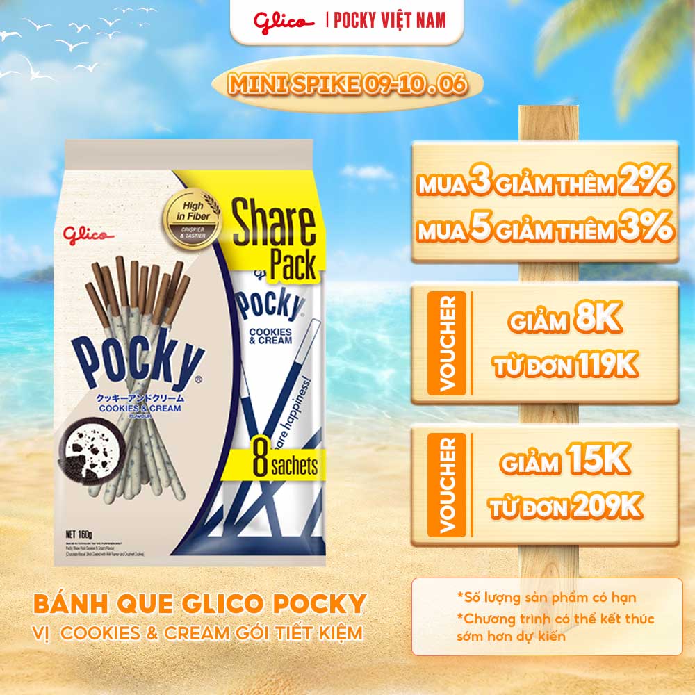 Gói lớn tiết kiệm - Bánh Que Pocky Kem Cookies  Cream (160g/Túi 8 gói)