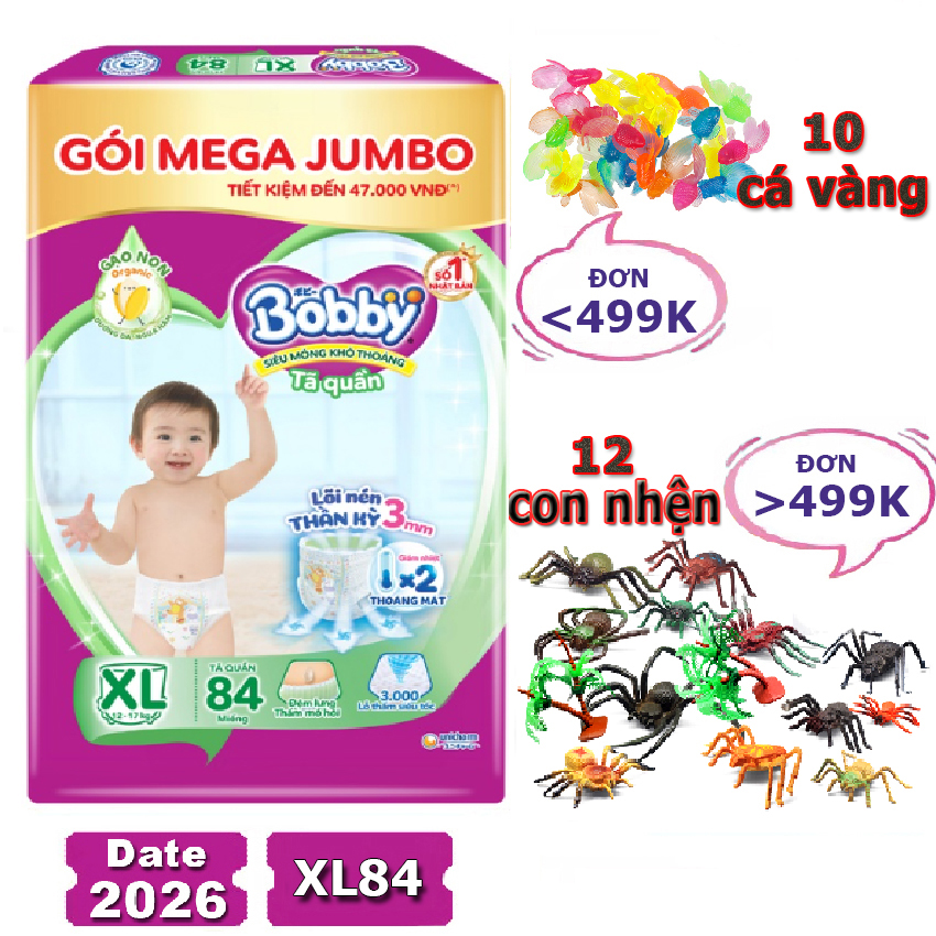 Tã quần bobby xl84 gạo non organic mẫu mới date 2026 mega jumbo