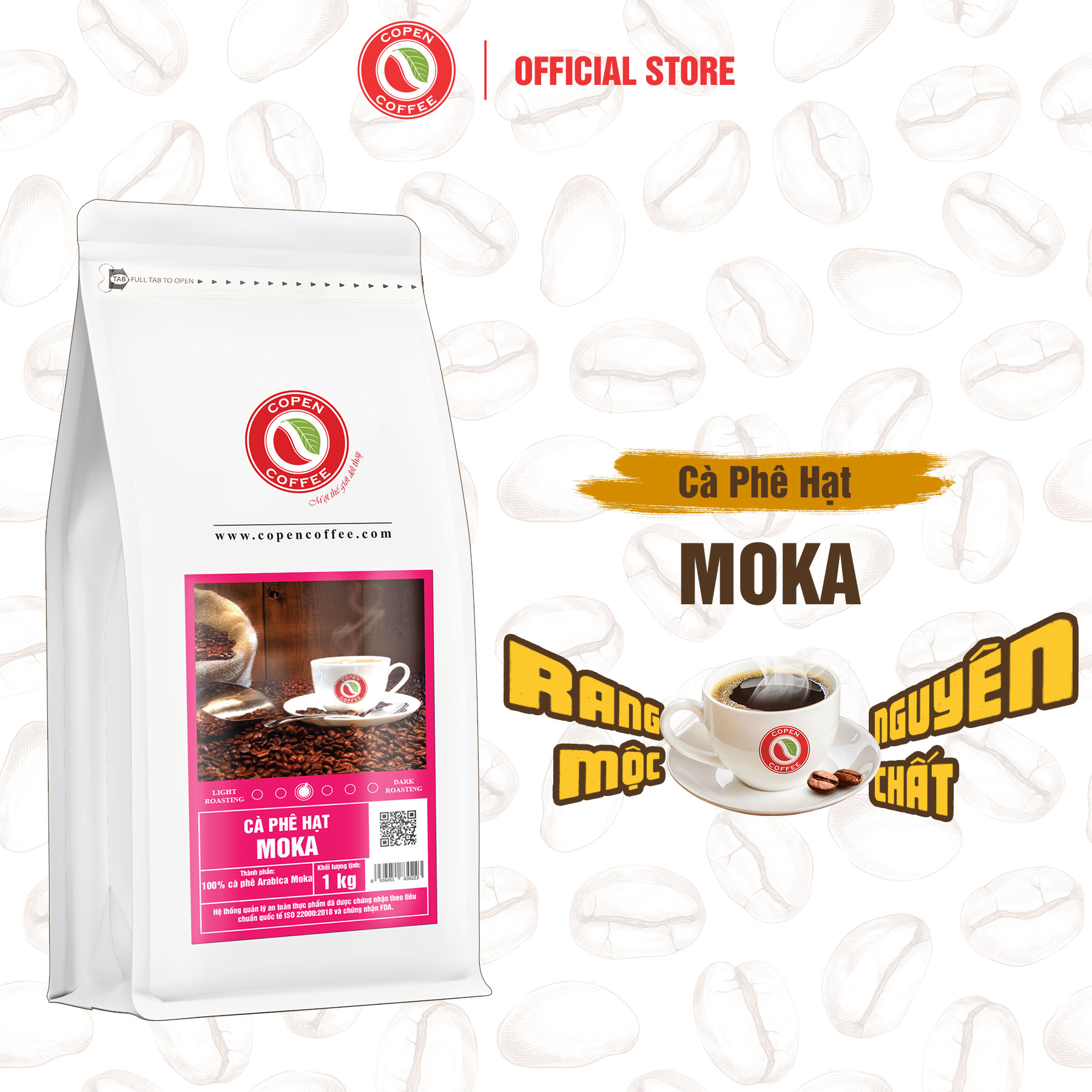  Cà phê hạt Moka gói 1kg  ST túi zip  - Rang mộc nguyên chất - Đắng nhẹ chua thanh thơm dài lâu - Pha máy pha phin - Copen Coffee 