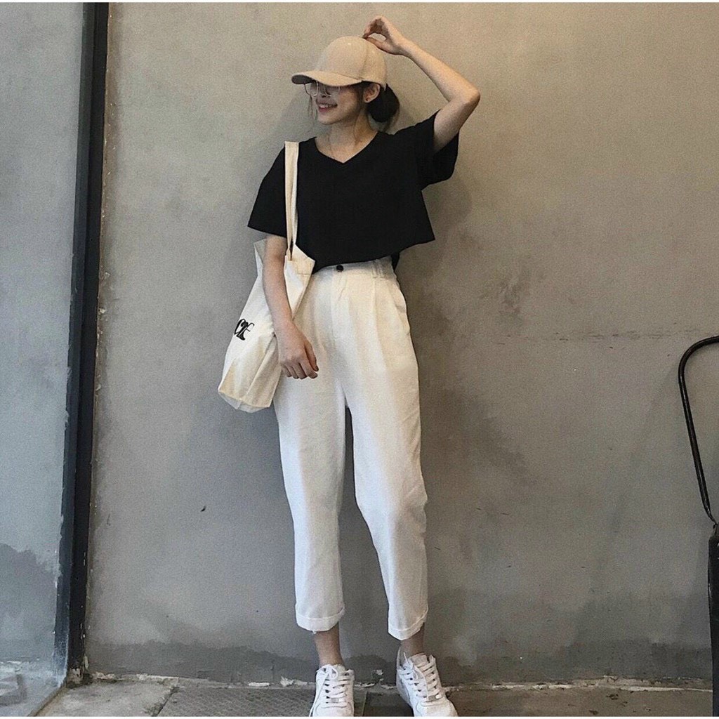 Áo thun nữ trơn from croptop cổ tim cá tính siêu hot