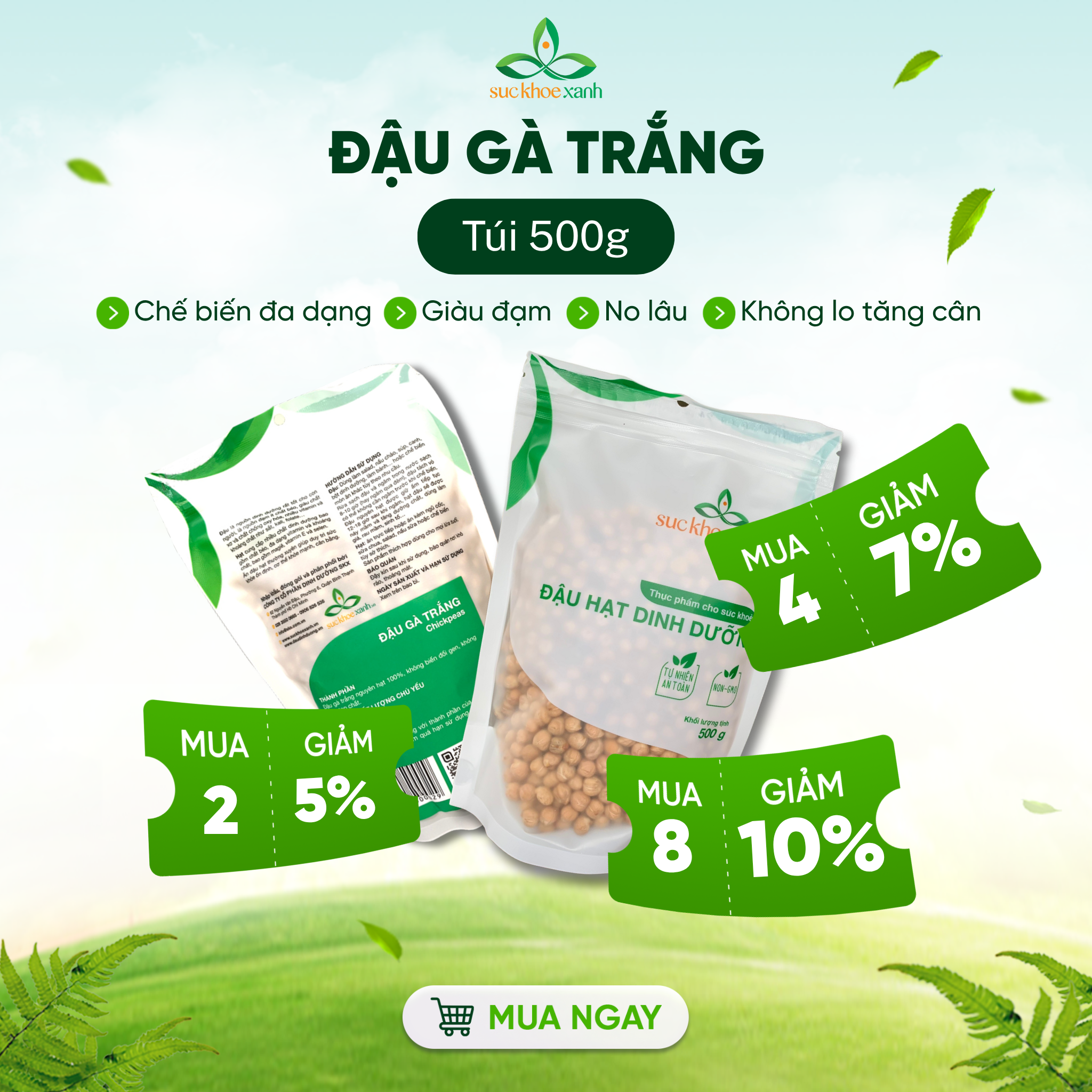  Đậu Gà Trắng Canada 500g Sức Khỏe Xanh - Không biến đổi gen - Bổ sung protein - Món Chay Salad Ăn Kiêng 