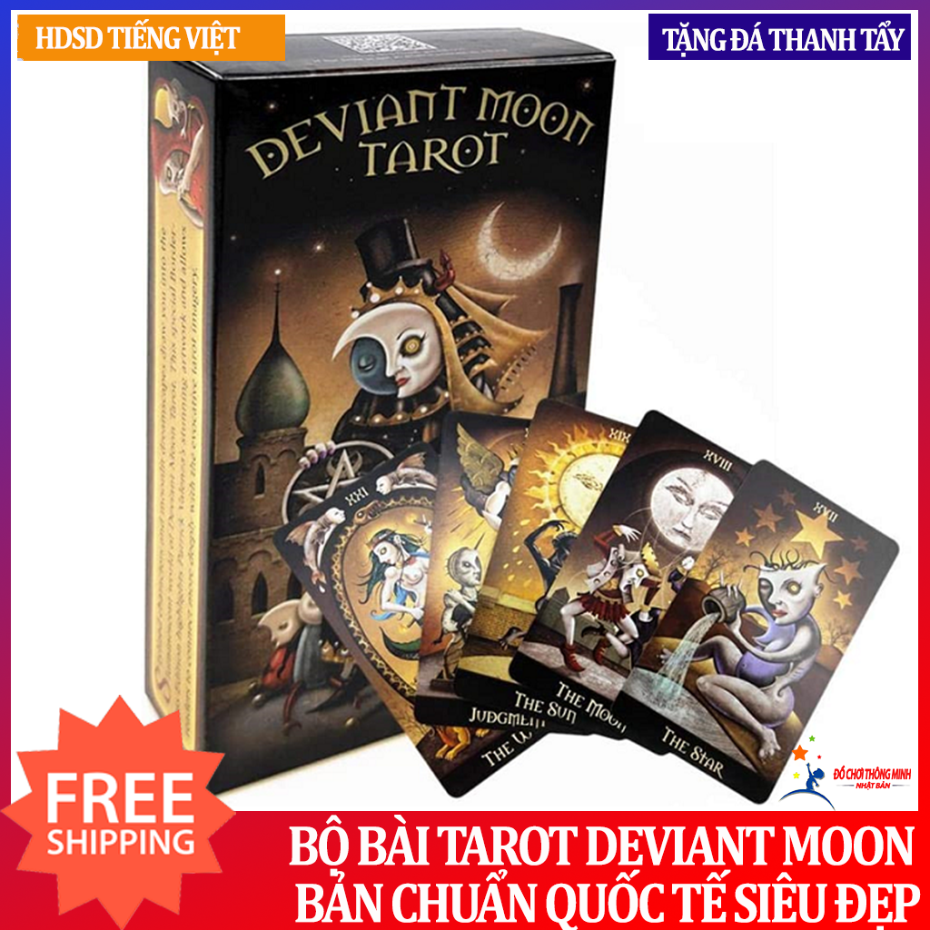 Combo Bộ Bài Bói Deviant Moon Tarot Borderless Edition Tặng Túi Đựng,  Khăn Trải Tarot và Tặng Đá Thanh Tẩy