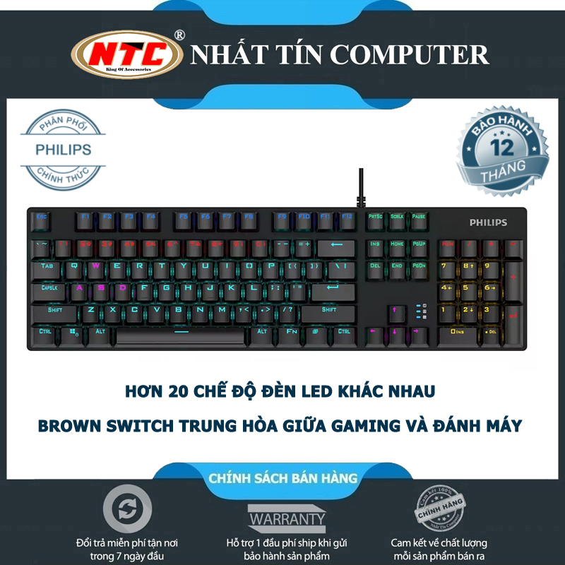 Bàn phím cơ Brown Switch PHILIPS SPK8404GS tích hợp led Rainbow - hơn 20 kiểu led khác nhau (Đen) - Nhất Tín Computer