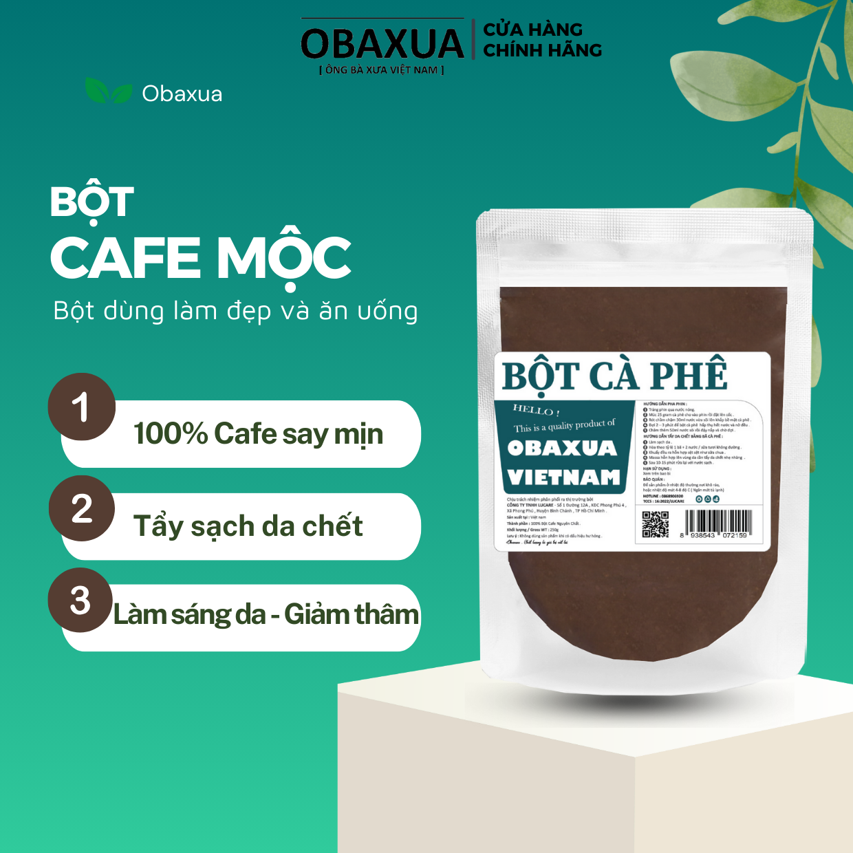 Tẩy da chết mặt từ Bột cà phê nguyên chất OBAXUA - Bột Cafe đắp mặt giúp tẩy tế bào chết sạch sâu dưỡng da sáng mịn cho làn da mềm mại & rạng rỡ