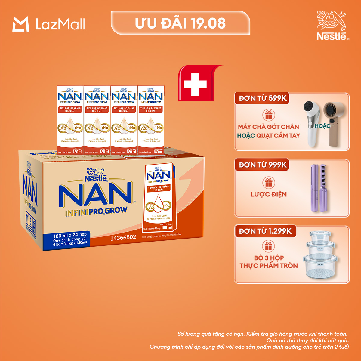 [CHỈ 19.08 QT ĐƠN 599K/999K/1299K]Thùng 24 hộp sữa pha sẵn Nestle NAN INFINIPRO GROW với công thức vượt trội kết hợp sữa A2 và HMO hỗ trợ tiêu hóa, đề kháng và phát triển thể chất (4x180ml)