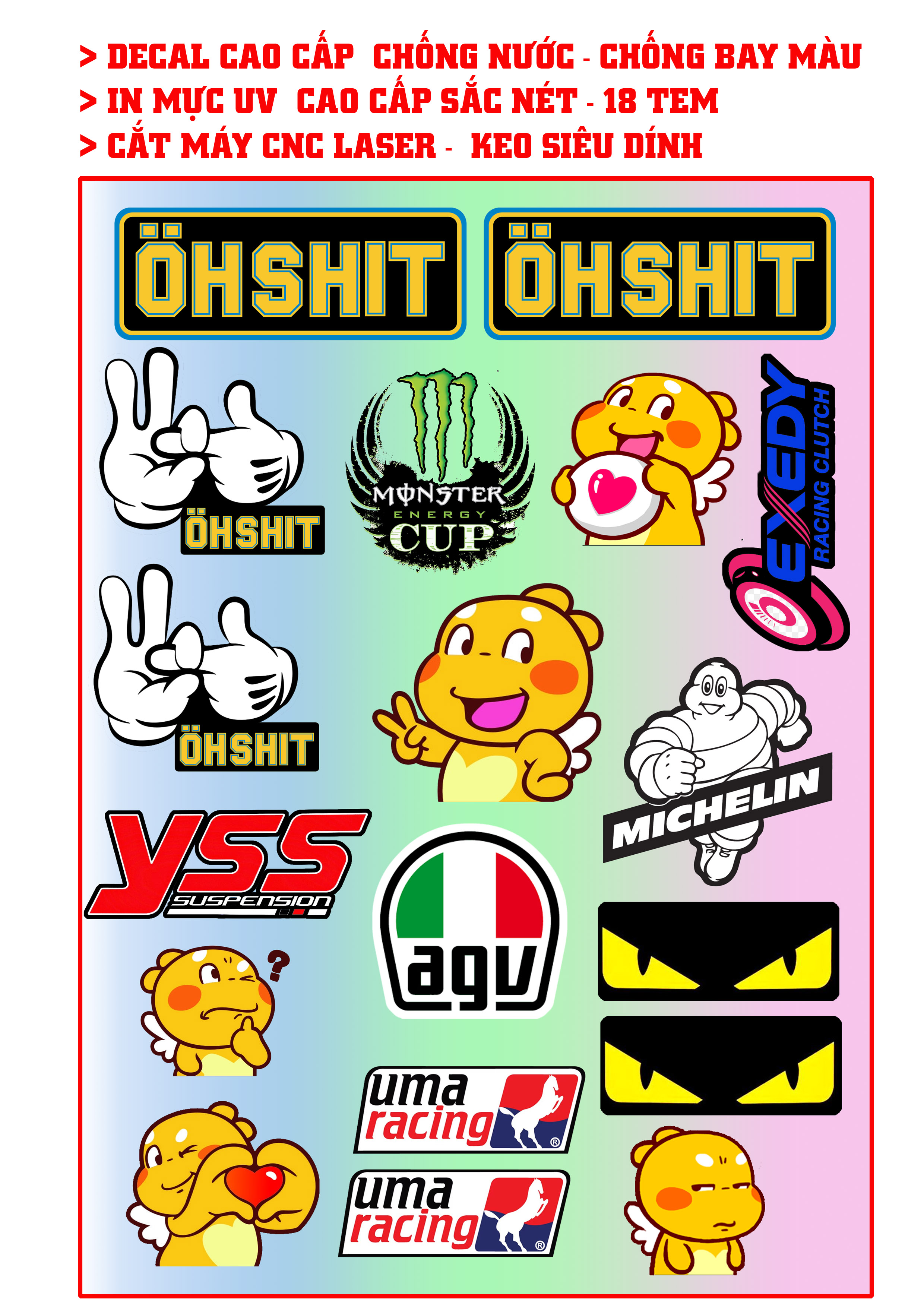 Tem ohshit màu uv chất lượng cao racing 18 fadi; phẩm ; olin ; agu.... tem dán vào xe siêu đẹp