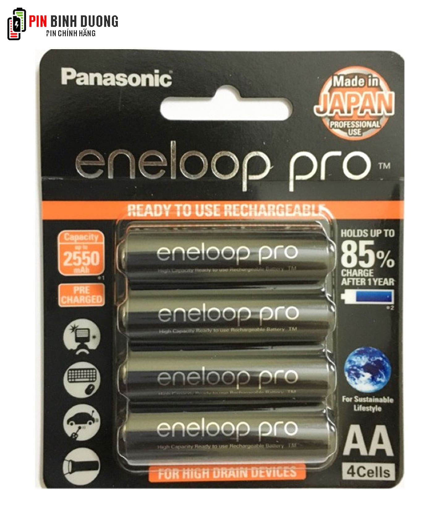 Pin eneloop bk-3hcce/4bt; pin sạc aa 2550mah 1.2v panasonic eneloop pro bk-3hcce/4bt japan vỉ 4 viên