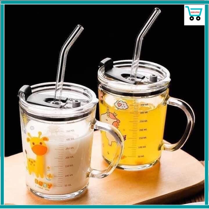 Cốc pha sữa thuỷ tinh chia vạch có nắp và ống hút, cốc pha sữa, cốc chia vạch