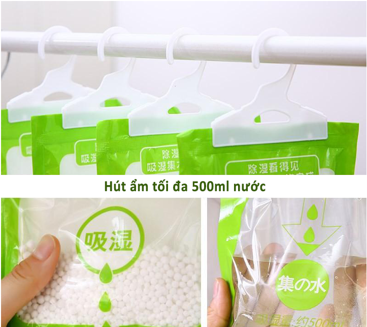 Túi hút ẩm có móc treo tiện lợi, hút được tối đa 500ml nước, ngăn chặn ẩm mốc cho tủ quần áo, phòng ngủ, bếp nhà bạn