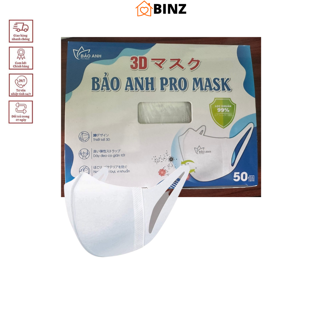Khẩu Trang 3D Mask Bảo Anh Pro Mask Công Nghệ Dập Nhật Bản 50 Cái Hộp - BINZ