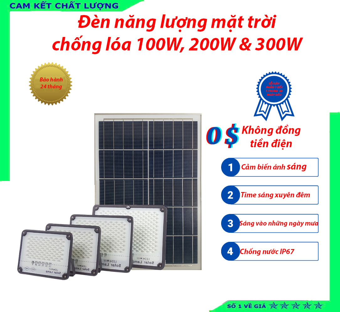Đèn năng lượng mặt trời hc solar light 300w,200w,100w,50w, chống chói mắt, vỏ nhôm, tấm pin rời, ánh sáng trắng