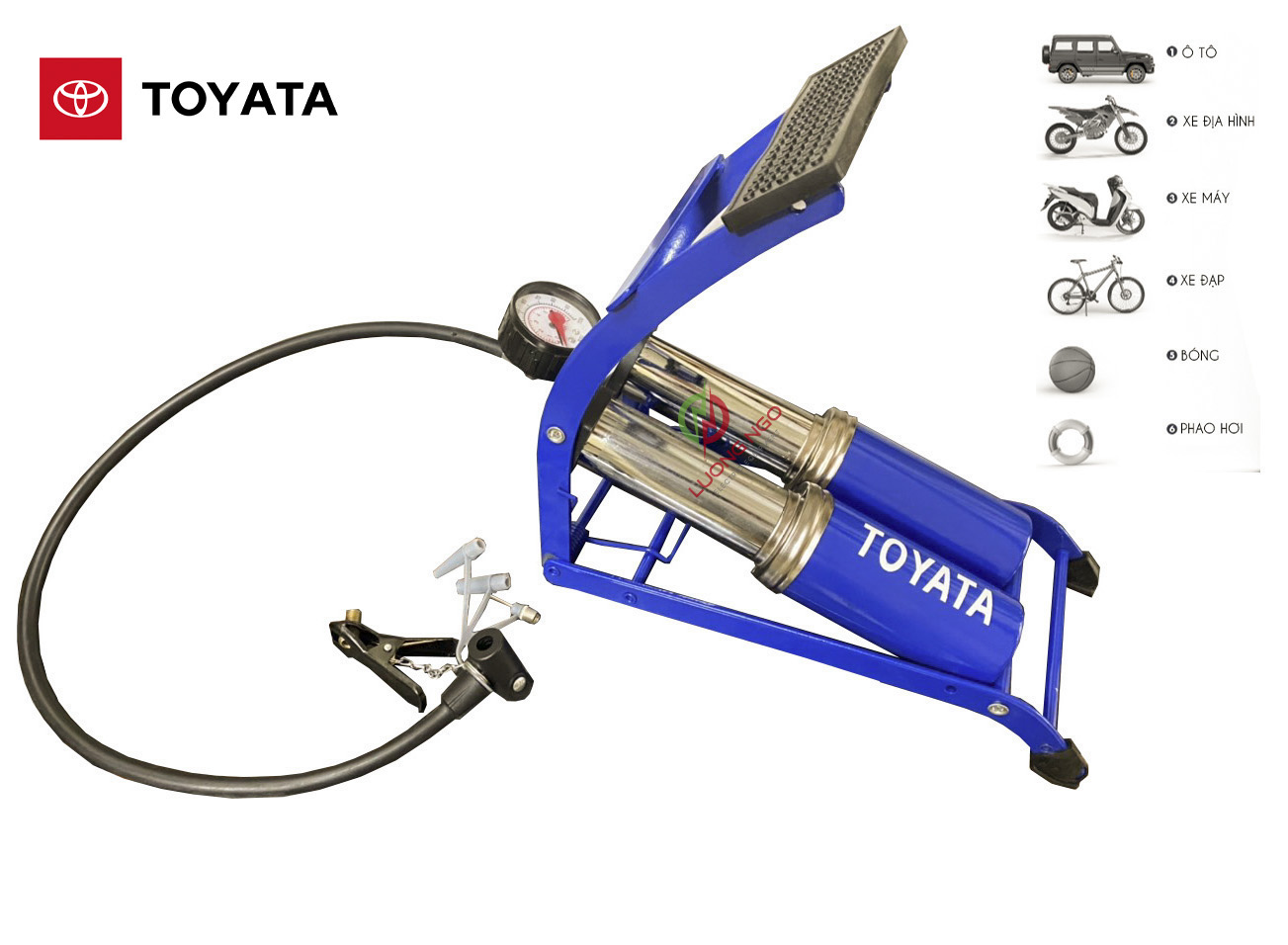 Bơm hơi xe máy mini TOYATA  2 ống - Bơm xe máy đạp chân 2 xilanh loại tốt - Bảo hành 24 tháng 1 đổi 1