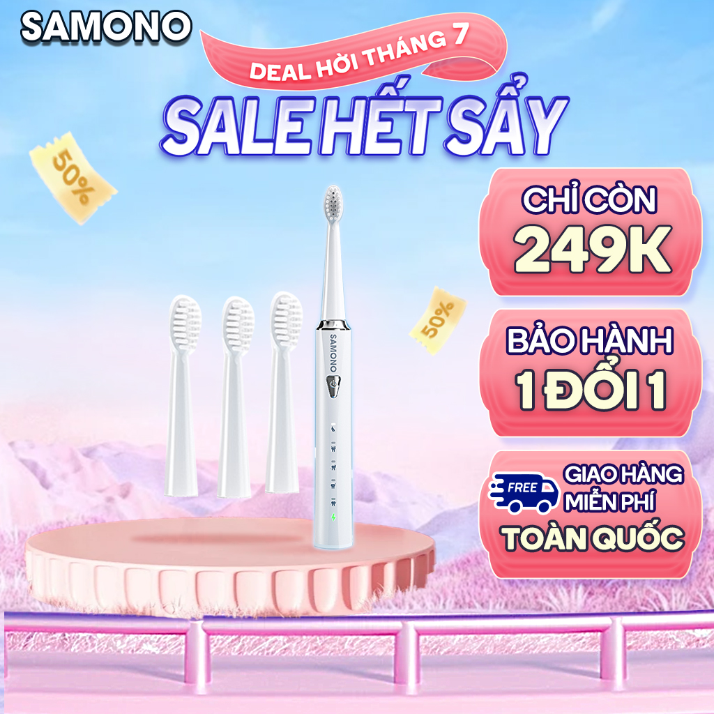 Bàn chải điện Samono SW-ET01 5 chế độ đánh răng tặng kèm 4 đầu bàn chải thay thế chải răng tự động có thể dùng cho răng nhạy cảm