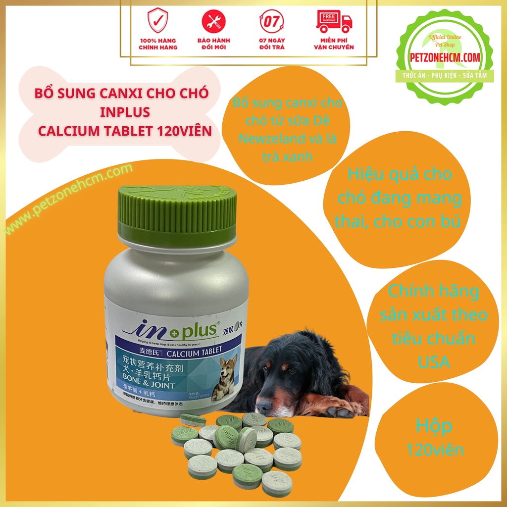 Viên canxi cho chó Inplus Calcium Tablet hộp 120 viên bổ sung các thành phần từ sữa dê và trà xanh giúp chắc xương Khớp, chống lão hóa từ USA, Mỹ