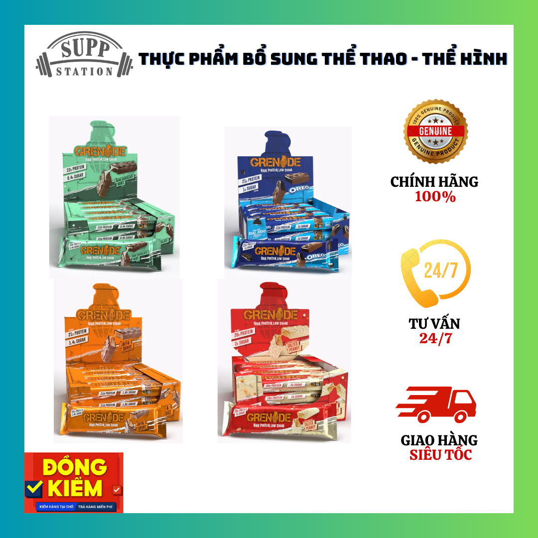Bánh GRENADE PROTEIN BAR -  60g - VỊ BÁNH NGON TỰ NHIÊN NHẤT, Giàu Protein, Ít Ngọt - Bổ Sung Dinh Dưỡng Protein Trước Sau Tập Luyện
