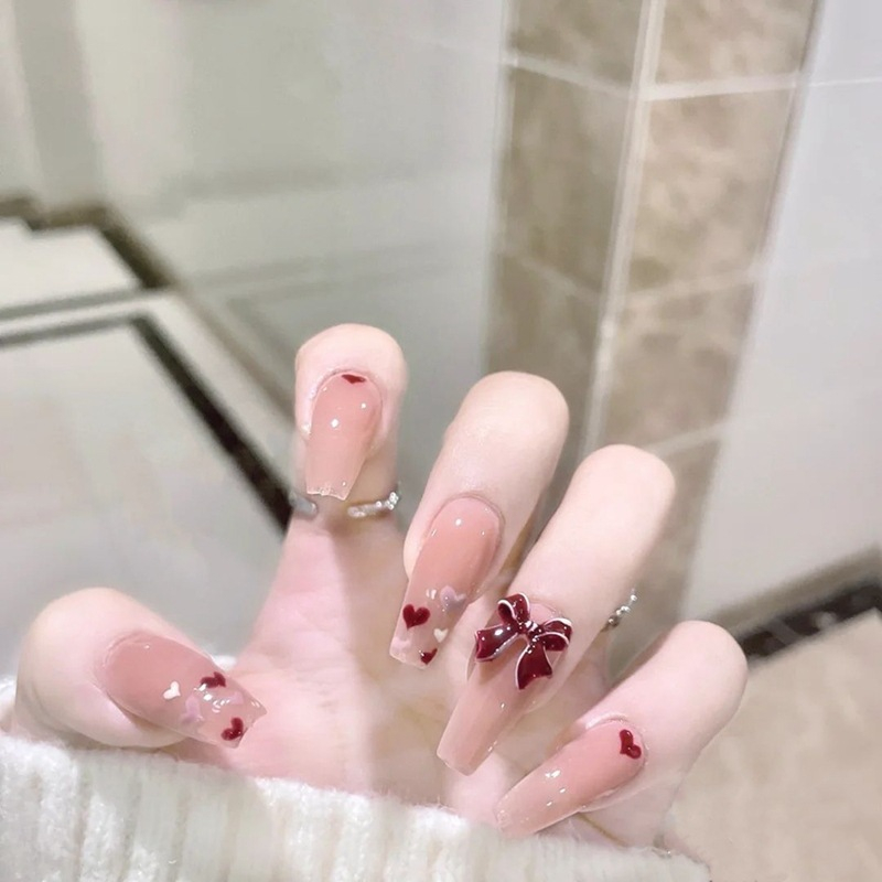 Bộ 24 móng tay giả dài đính nơ sang trọng Y49, Móng tay giả cô dâu, Nail Box đính đá, Nail xinh Shyn