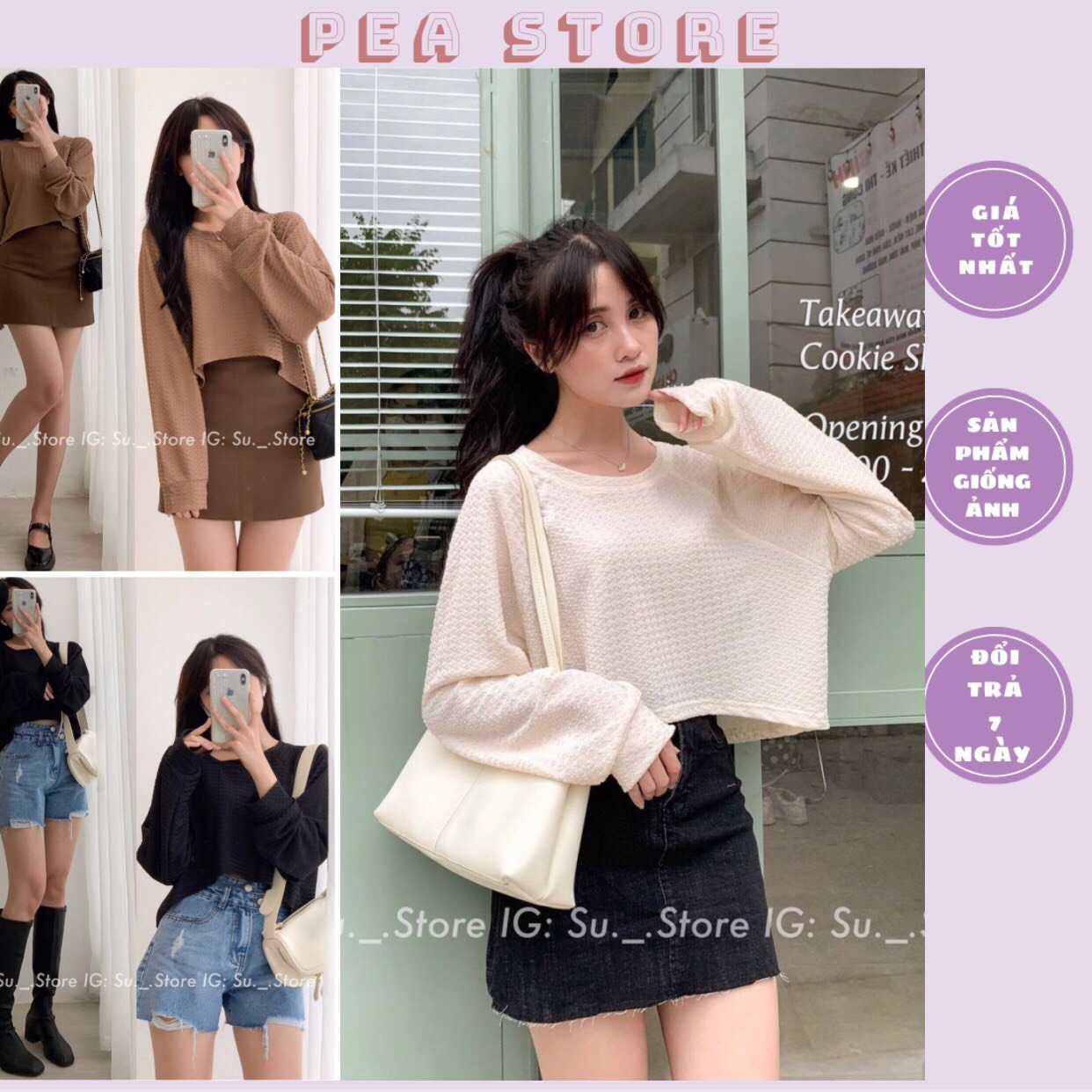 Áo nỉ dài tay dáng croptop form rộng Pea Store - Áo nỉ gạo cổ tròn dài tay dáng ngắn basic ulzzang