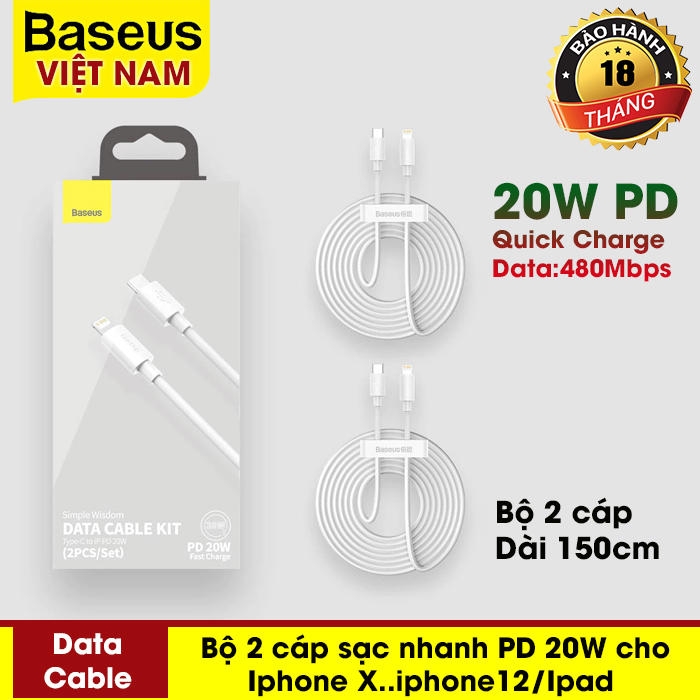 [BẢO HÀNH 12 THÁNG] Cáp sạc nhanh Baseus 20W một bộ gồm 2 cáp dài 1.5m cho IPHONE 12 iPhone 8 X Xr 11  Pro Max  Type C to Lightning