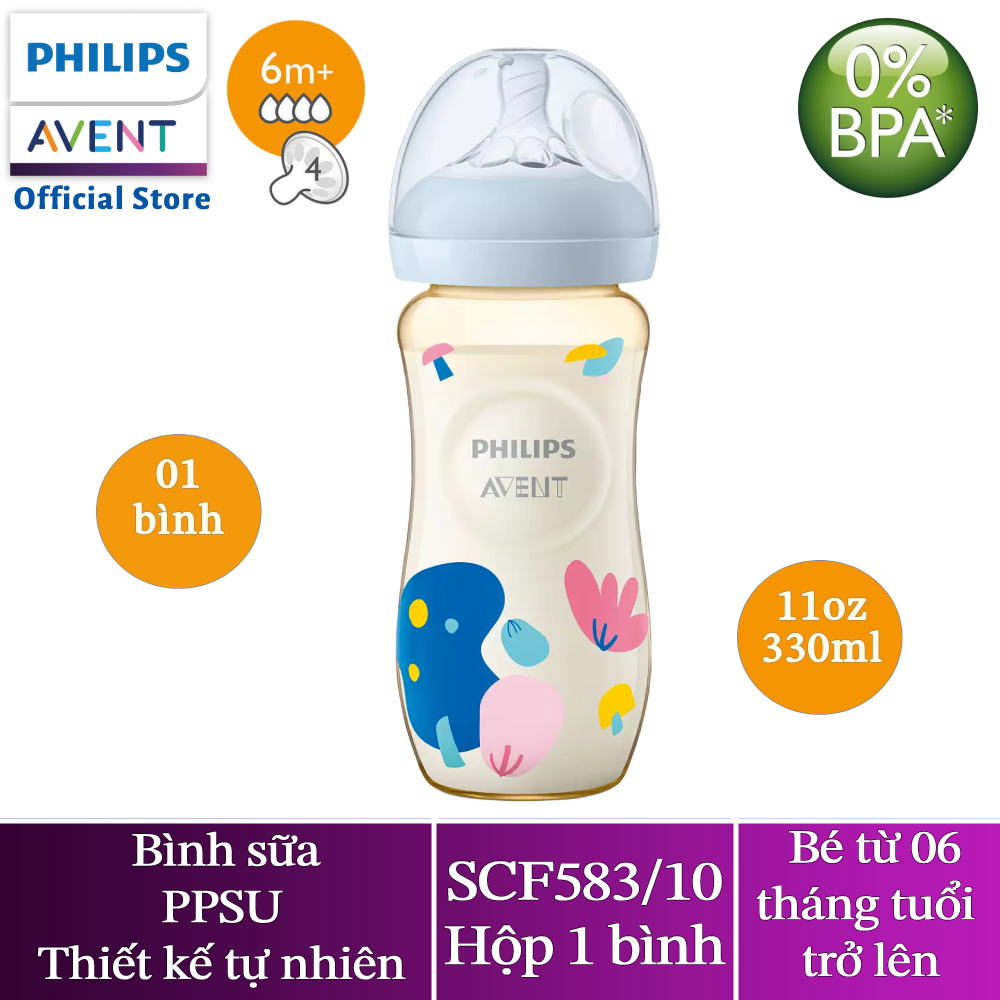 Philips avet bình sữa ppsu thiết kế tự nhiên 330ml cho trẻ từ 6 tháng tuổi scf583/10
