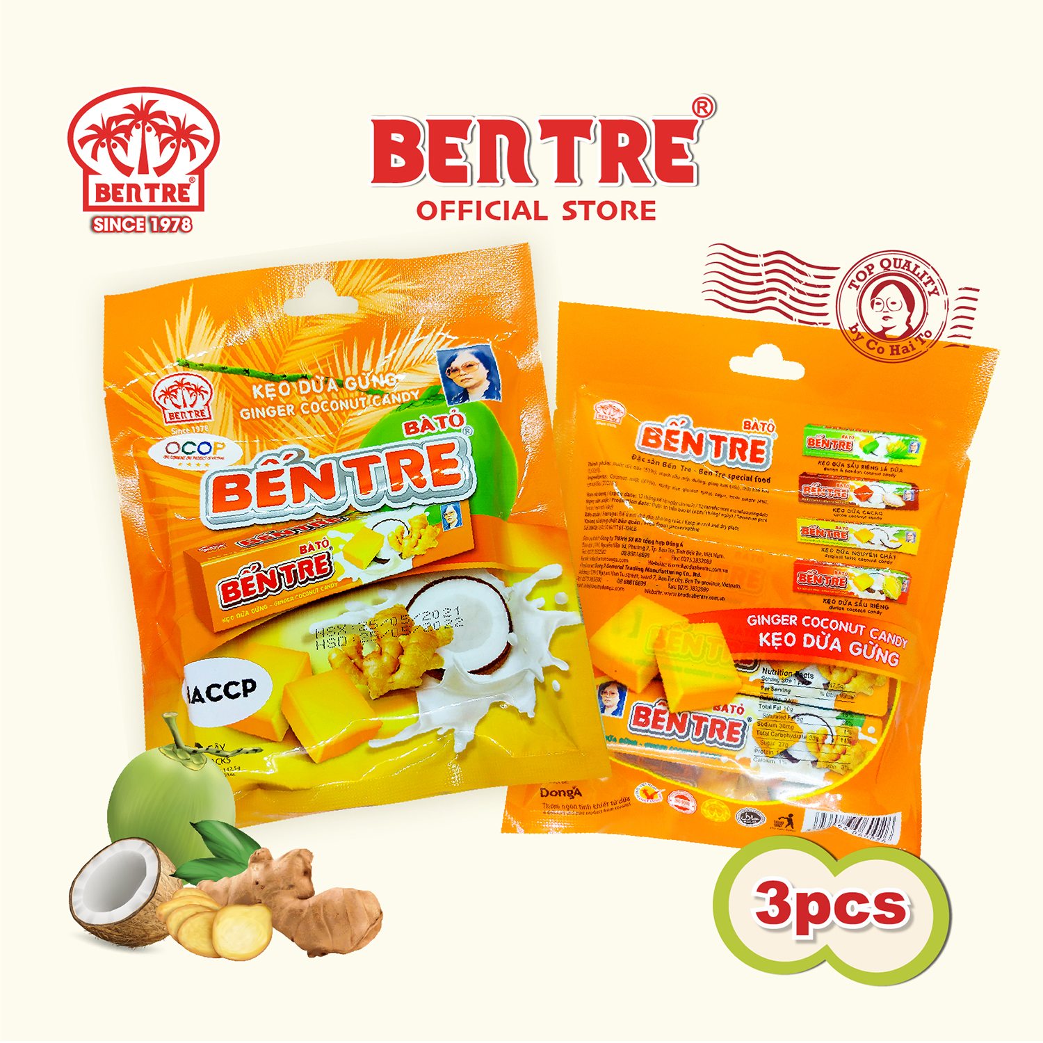 Kẹo dừa bến tre hai tỏ vị gừng 150g, ăn vặt tuổi thơ ngon, bổ, rẻ