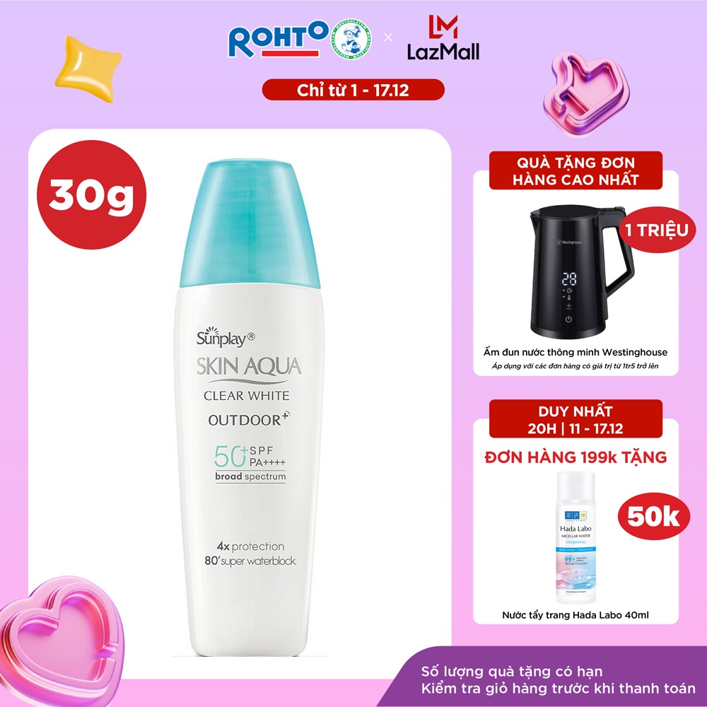 Kem chống nắng Skin Aqua dưỡng da cho mặt khi hoạt động ngoài trời dạng gel Sunplay Skin Aqua Clear White Outdoor+ SPF50+ PA++++ 30g