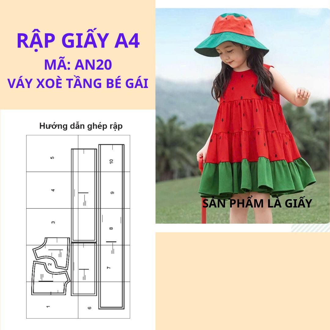 Rập giấy A4 cắt ghép may váy xòe nhún tầng bé gái - AN20